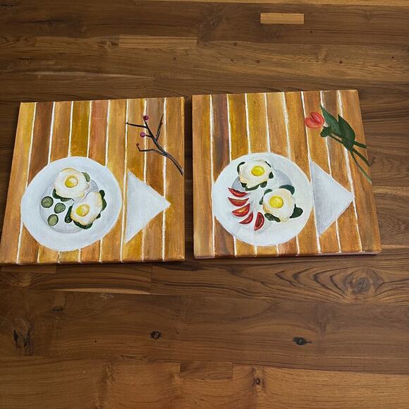 Acrylic Canvas Paintings Breakfast Eggs Sunny Side‎ Set of 2 12X12 Hand Painting - Picture 2 of 12